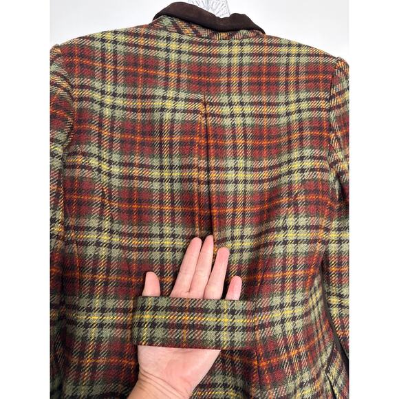 Vintage Laura Ashley brown Plaid Wool Blazer suede collar Equestrian Academia 4 - Picture 8 of 14